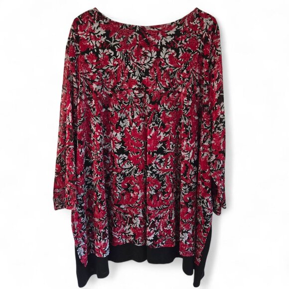Catherines 5X Red & Black Floral Long Sleeve Tunic Top 34/36W Sheer Lined - Picture 2 of 8